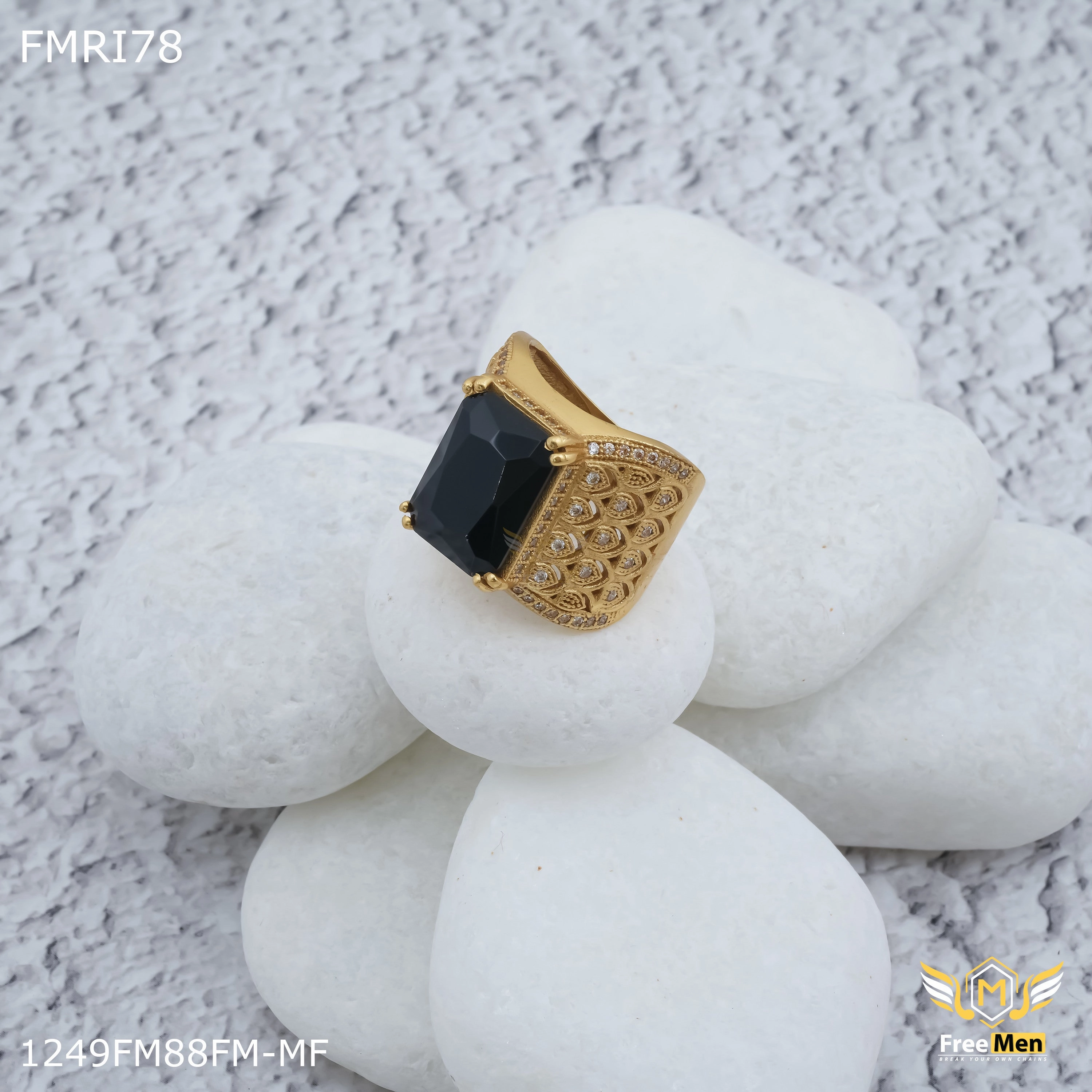 Impressive Feature Shiny Touch Freemen Black stone with morpich design golden ring for men - FMRI78