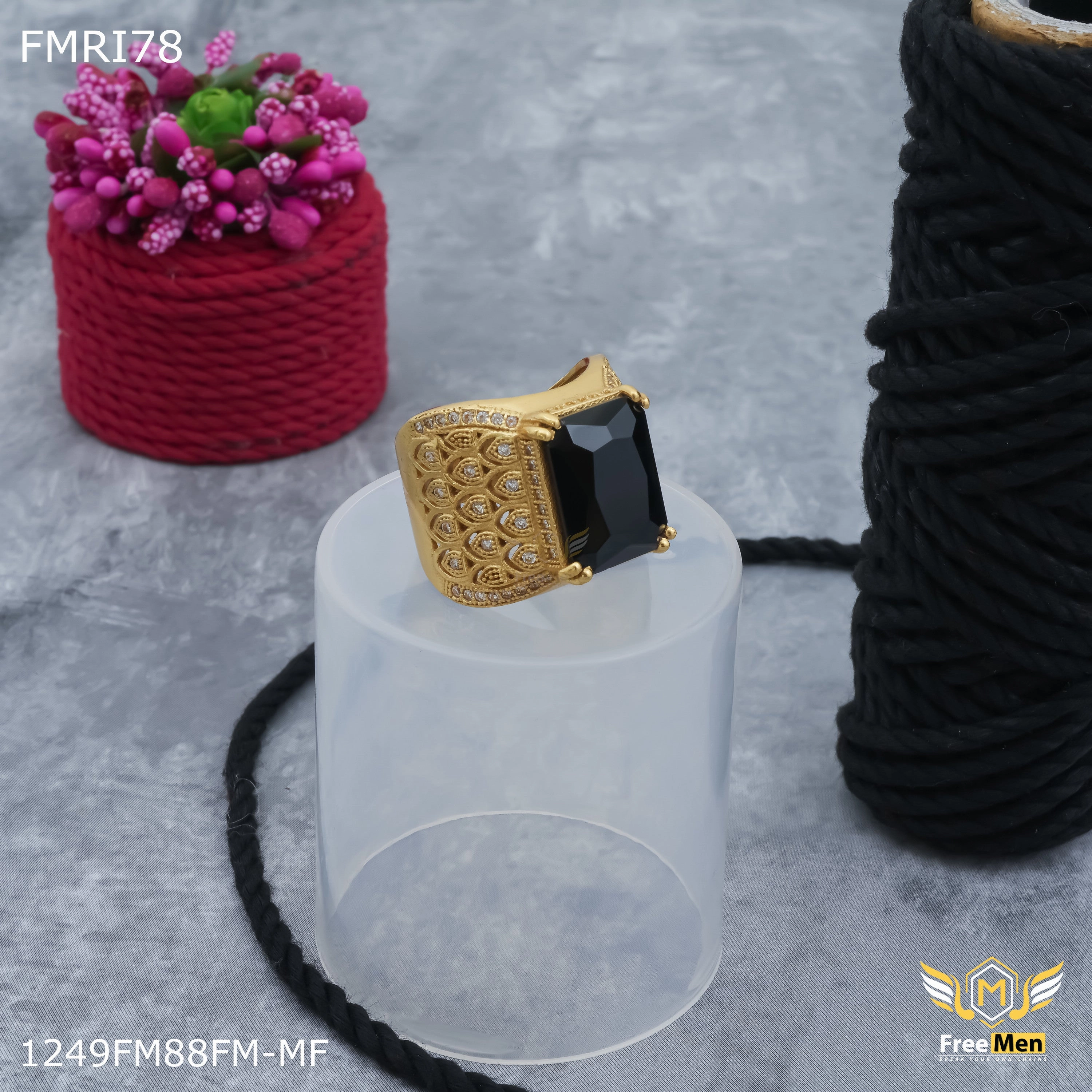 Stylish Detail Freemen Black stone with morpich design golden ring for men - FMRI78