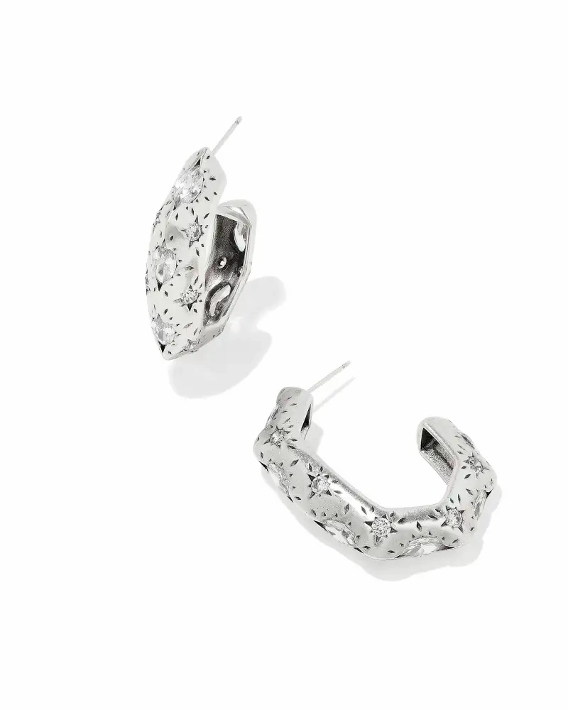 Day Vibe Understated Style Kendra Scott Holland Vintage Silver Hoop Earrings in White Crystal