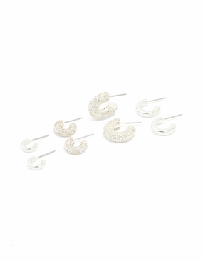 Silver Diamante & Polished Hoop Earrings 4-Pack Weekend Chic Work Day Style