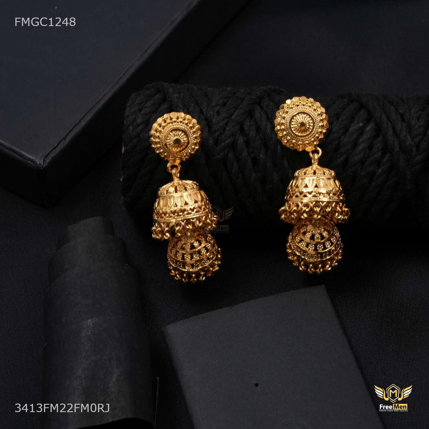 Muted Finish Exclusive Gifts Designer Net Triple Step Jhumka gold plated Earring - FWGE016