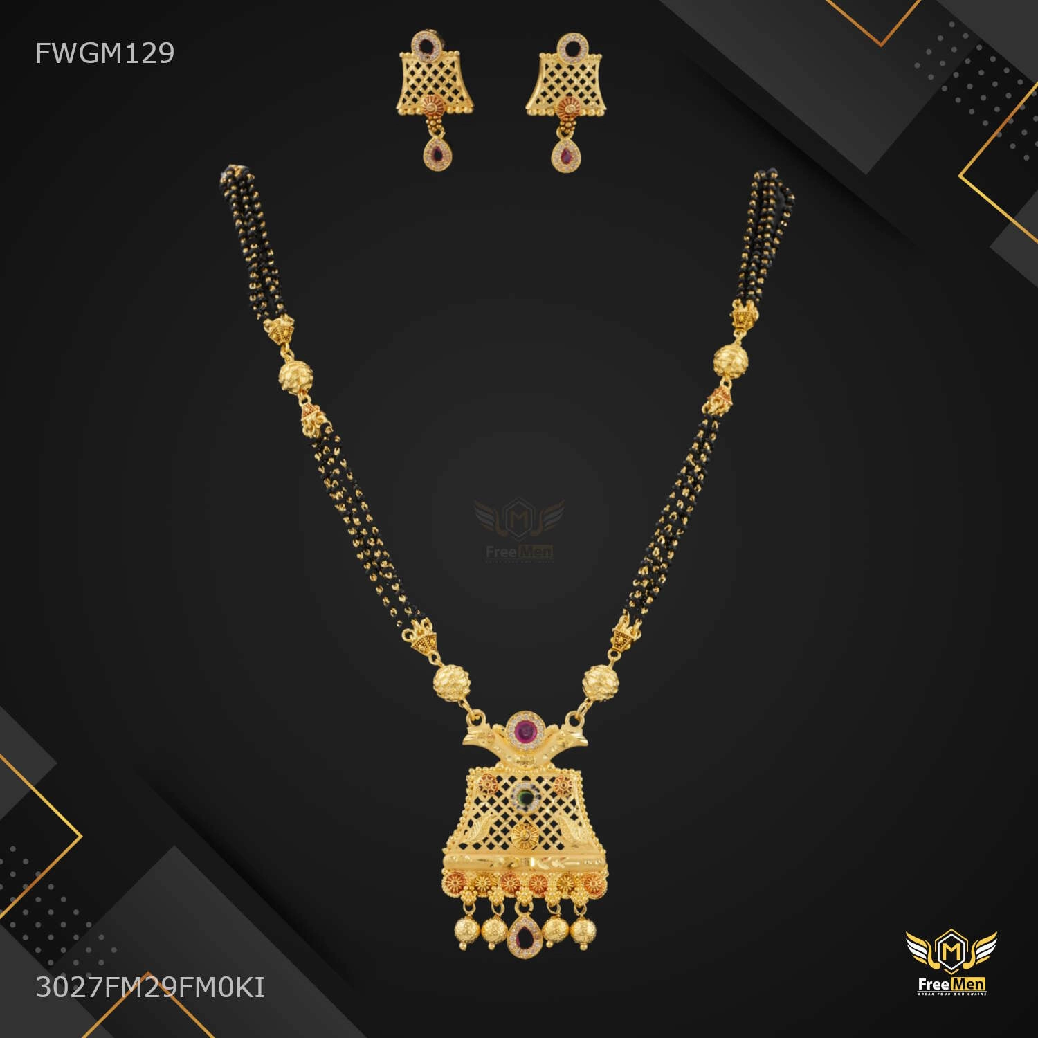 Glamorous Detail Designer Mini Leaf Antique Mangalsutra and Earing for women - FWGM129