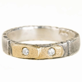 Double Tab Band - 18ky Gold, Silver   Reclaimed Diamonds Bold Style Elegant Feel