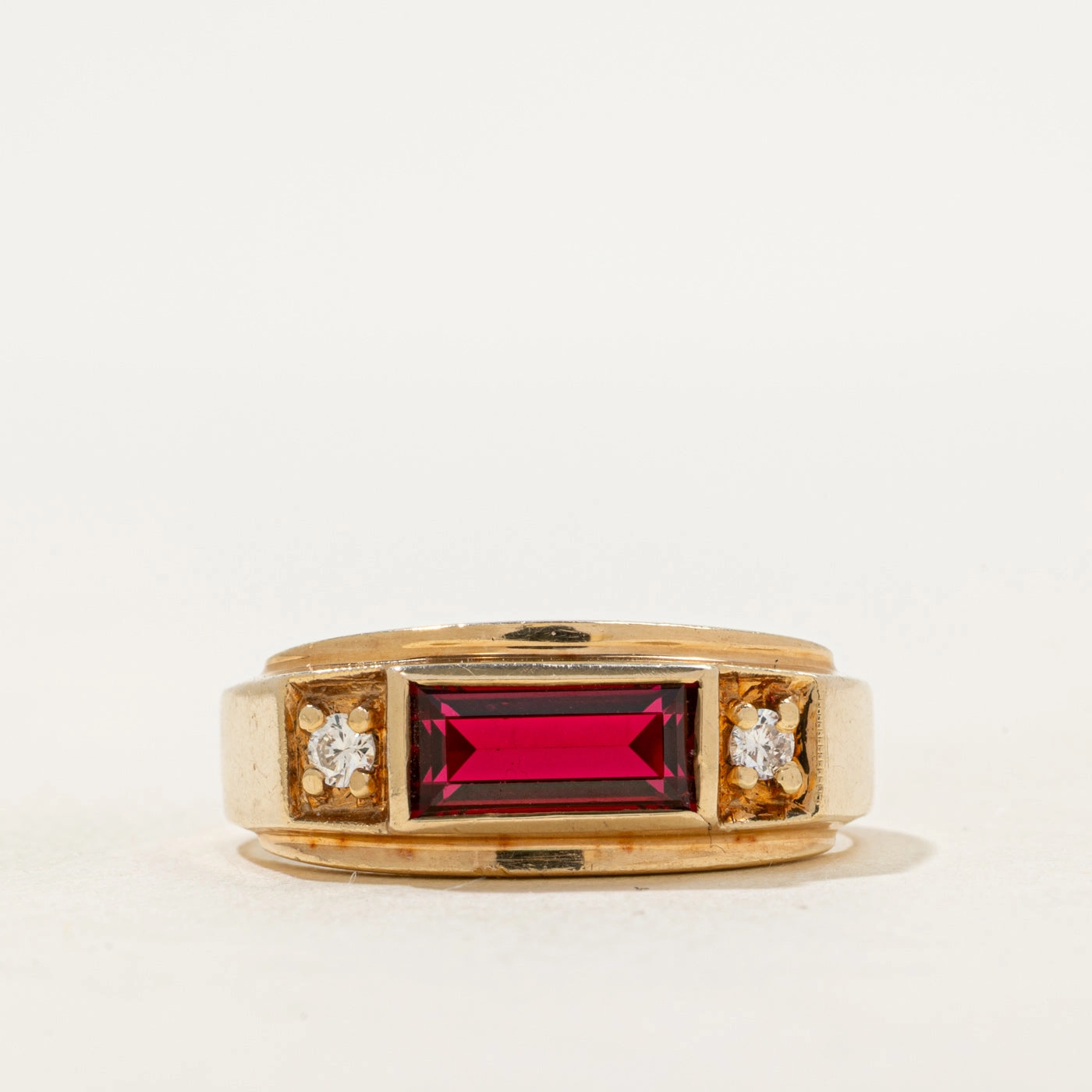 East West Synthetic Ruby & Natural Diamond Ring | SZ 10 Casual Glow Premium Accent