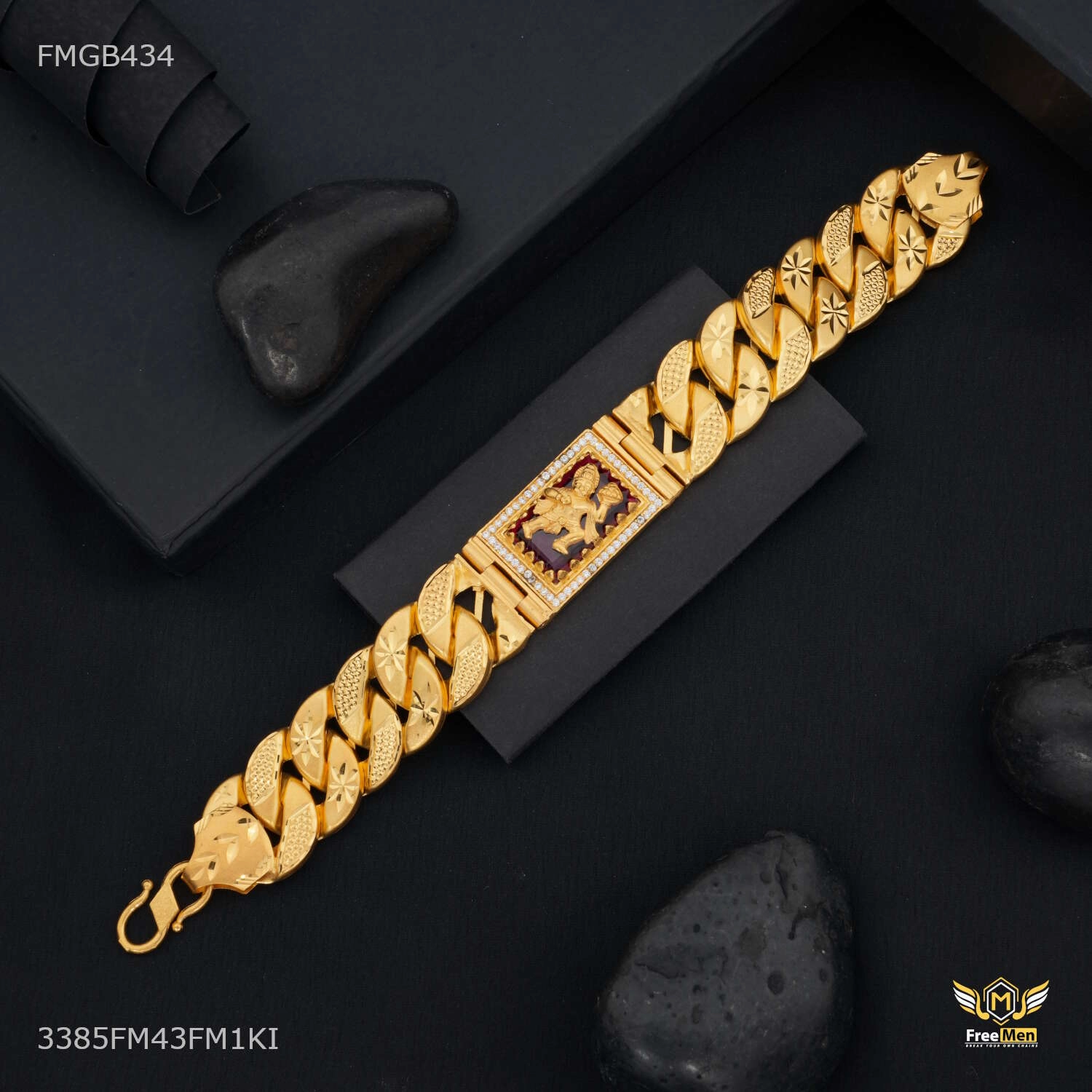 Hanuman Ji with Red AD Box Pokel Gold Plated Bracelet  for Men - FMGB434 Unique Radiance Minimalist Charm