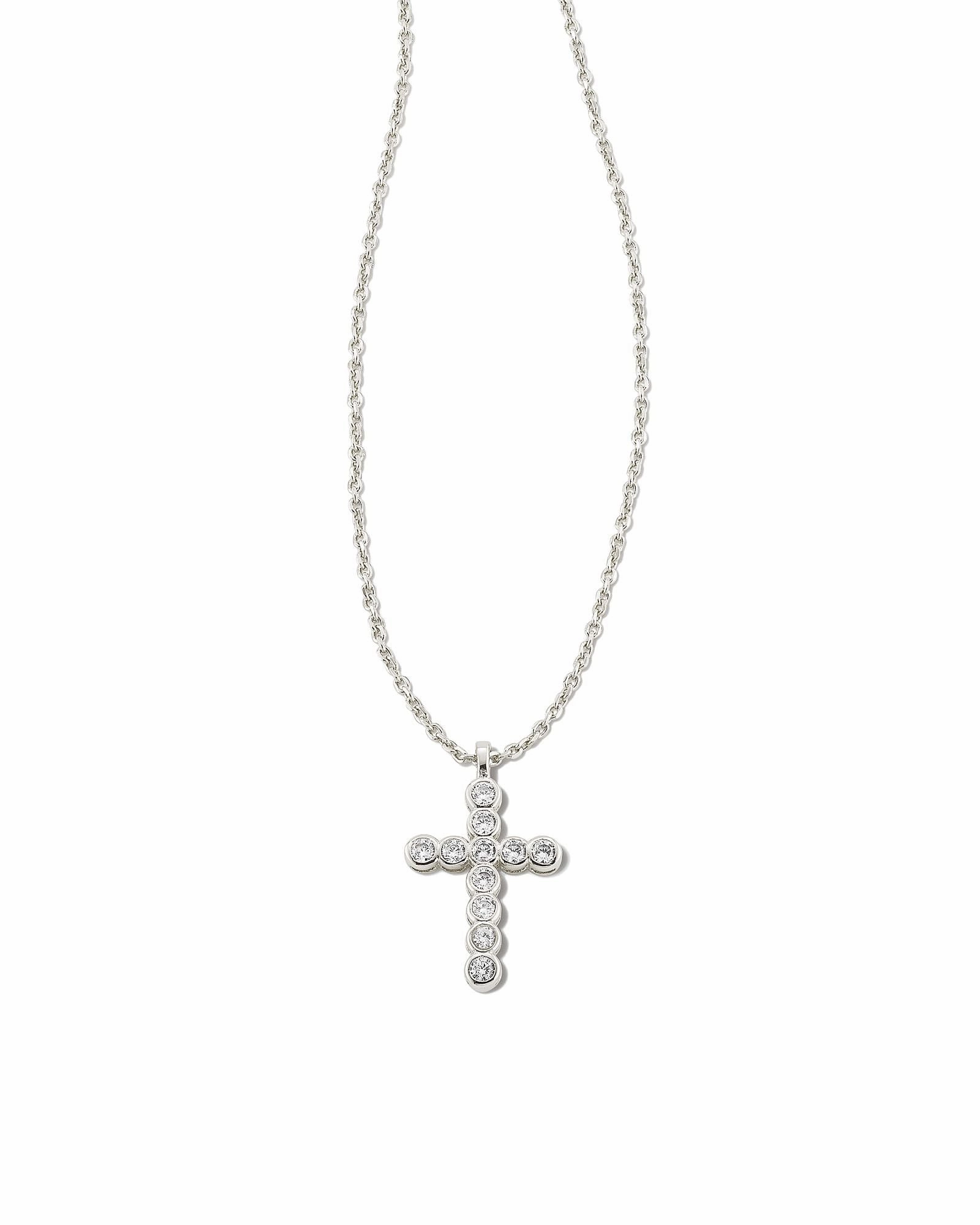 Classic Sparkle Kendra Scott Cross Silver Pendant Necklace in White Crystal