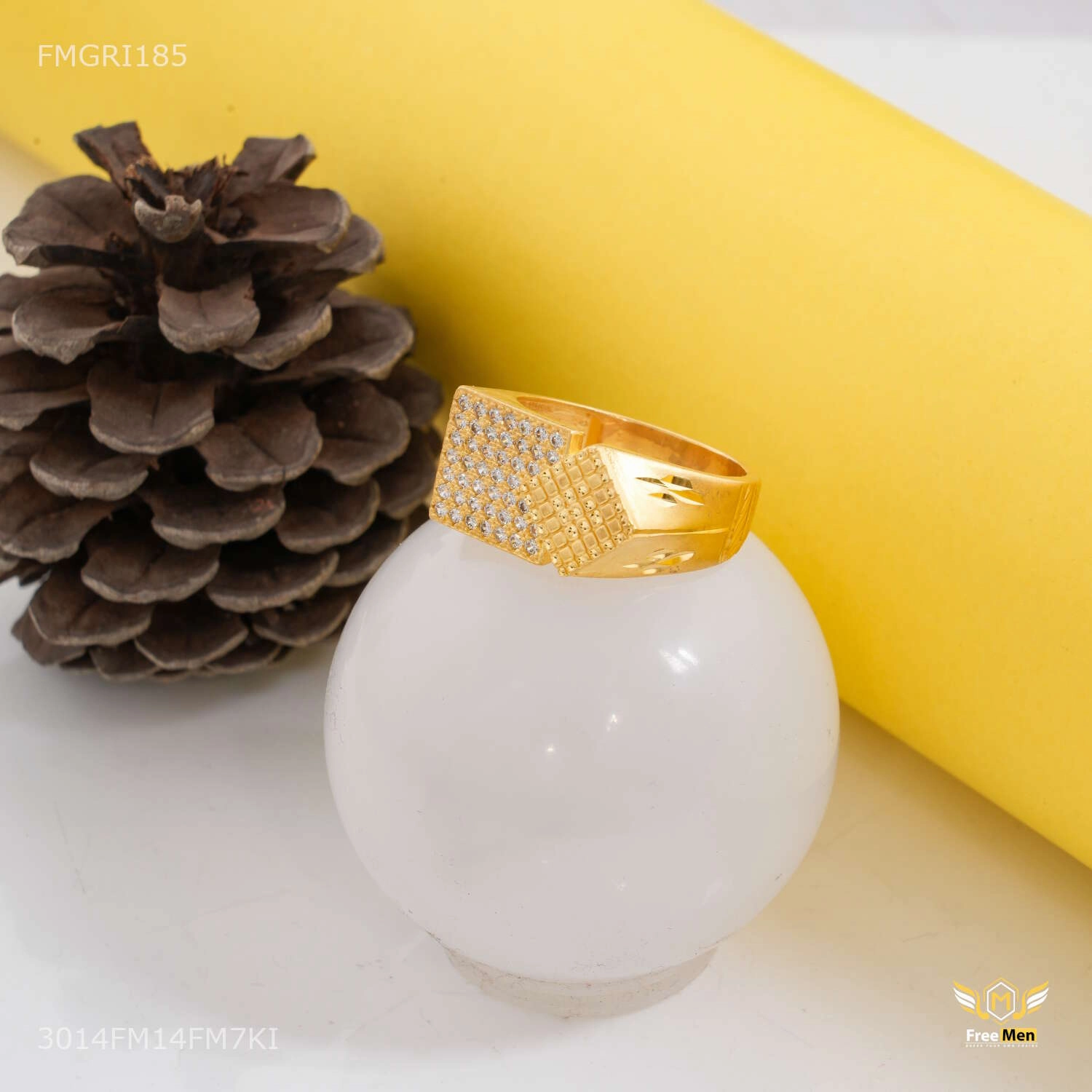 Glossy Finish Refined Pieces Dimond Shape with Squar Box AD Gold plated ring design for men - FMGRI185