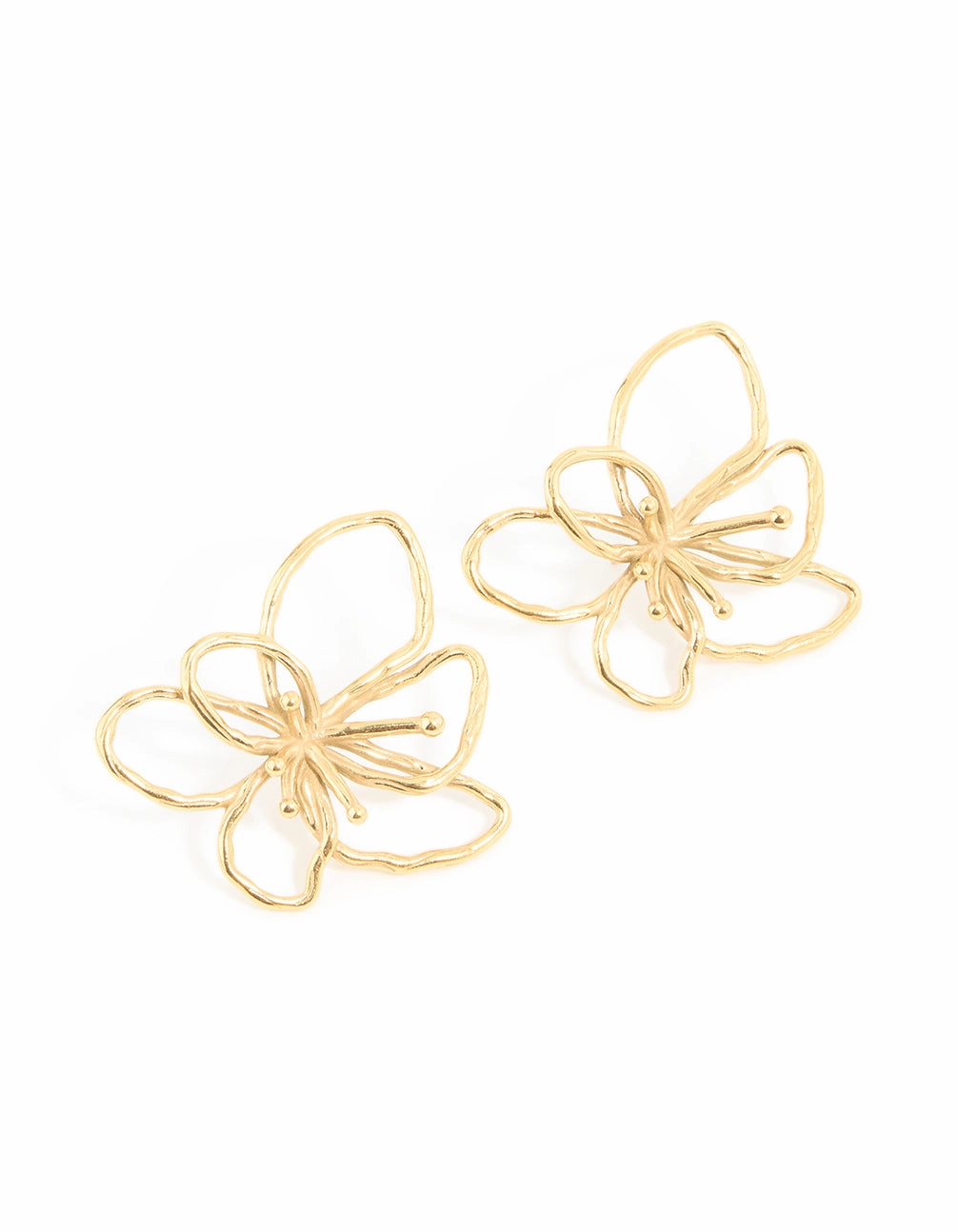 Balanced Accent Waterproof Gold Plated Stainless Steel Flower Outline Stud Earrings