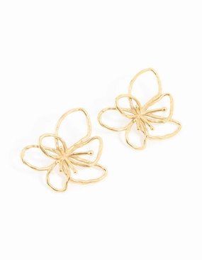 Balanced Accent Waterproof Gold Plated Stainless Steel Flower Outline Stud Earrings