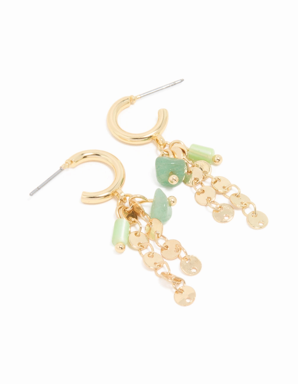 Gold Plated Green Semi Precious Stone Disc Drop Hoop Earrings Delicate Details Party Vibe