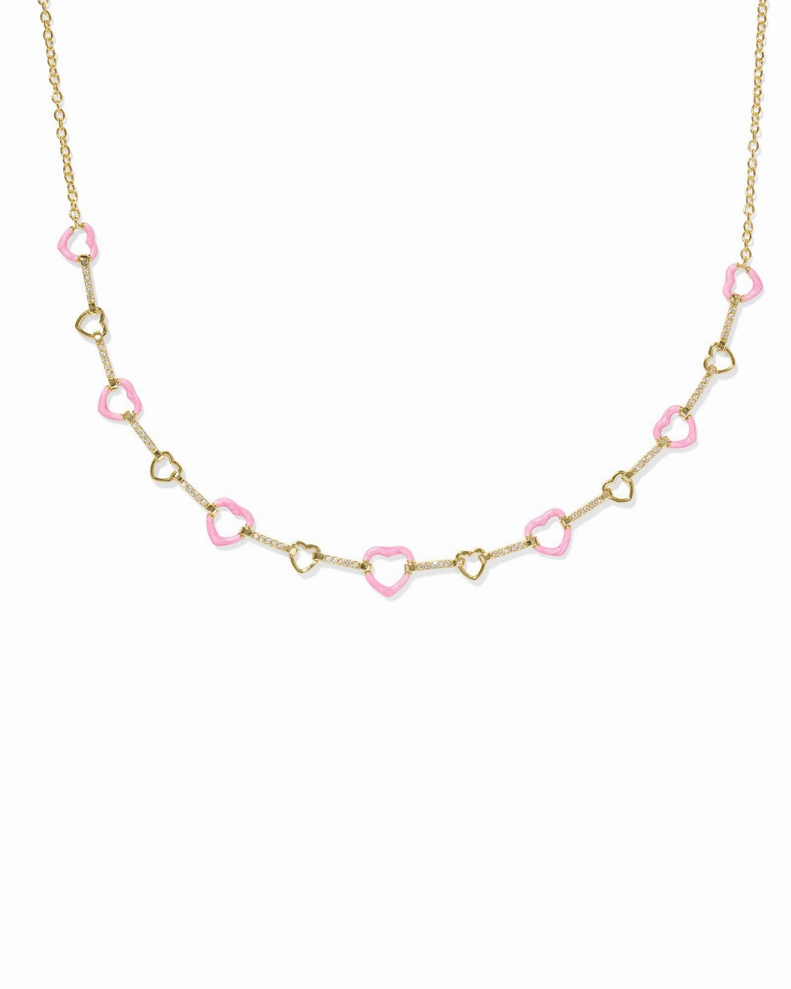 Signature Feature Sparkle Style Kendra Scott Haisley Heart Gold Strand Necklace in Pink Pearlescent Enamel