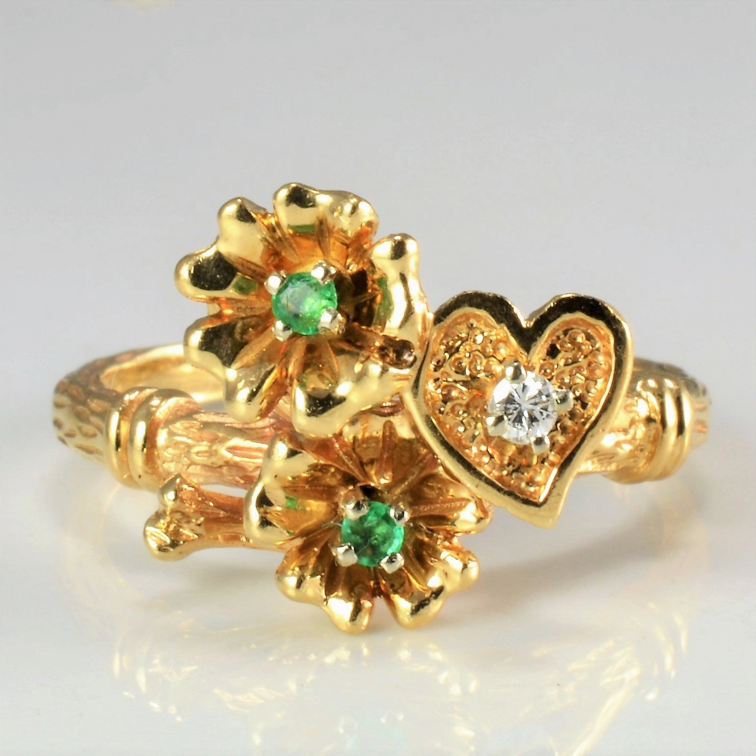 Charming Stones Emerald & Diamond Floral & Heart Textured Ring | 0.02ctw, 0.02ct | SZ 6