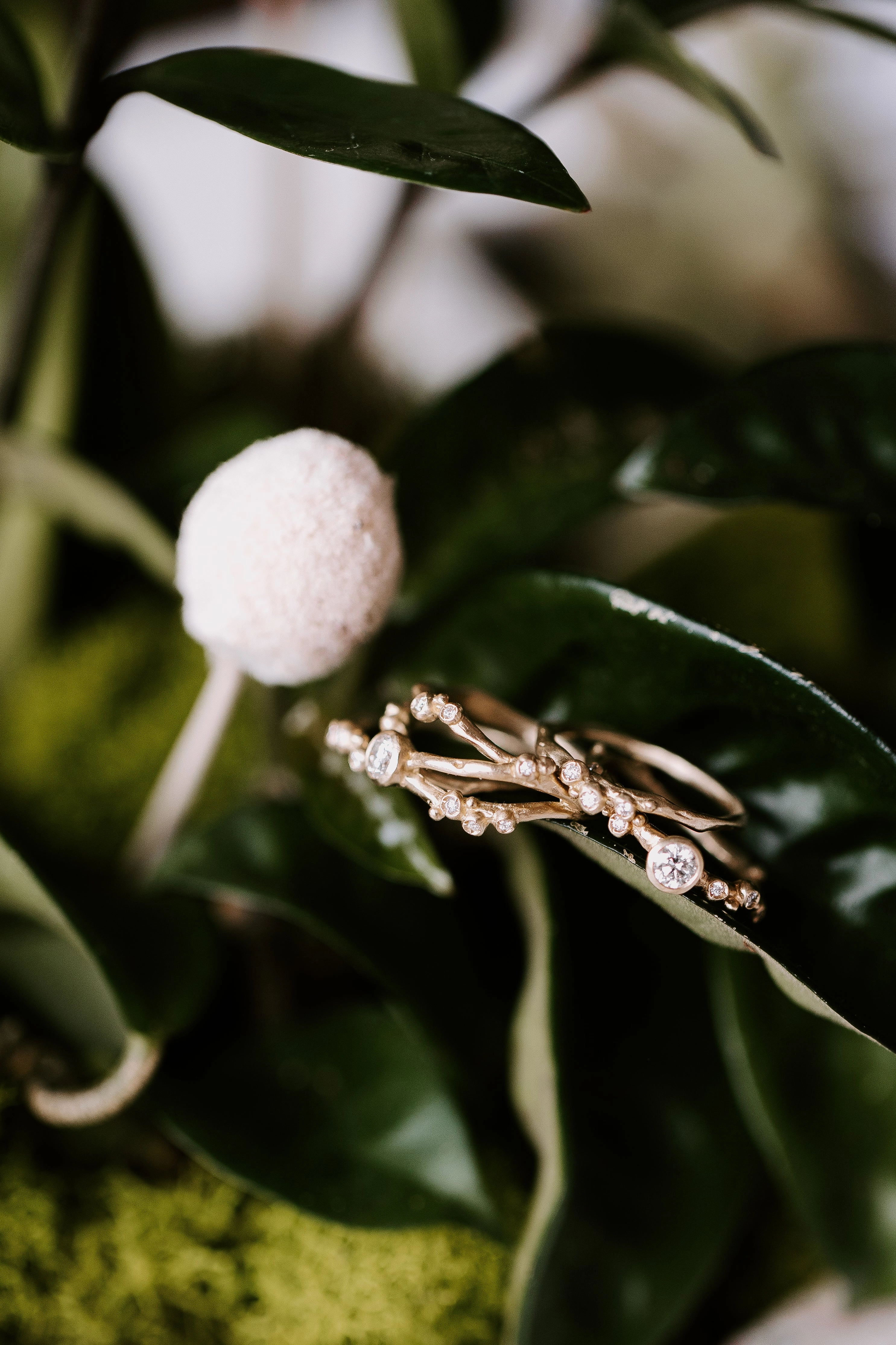 Encrusted 3 Branch Solitaire Diamond Ring - 14k Gold   Diamonds Leaf Motif Resilient Look