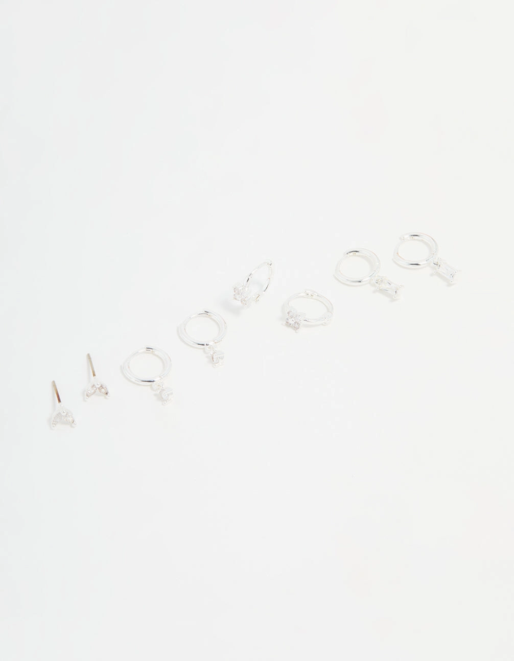 Seasonal Light Silver Plated Brass Diamante Baguette Flower Hoop & Stud Earrings 4-Pack