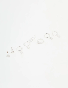 Seasonal Light Silver Plated Brass Diamante Baguette Flower Hoop & Stud Earrings 4-Pack