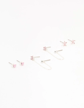 Silver Plated Brass  Heart Flower Chain Earrings 3-Pack Casual Design Classic Choice