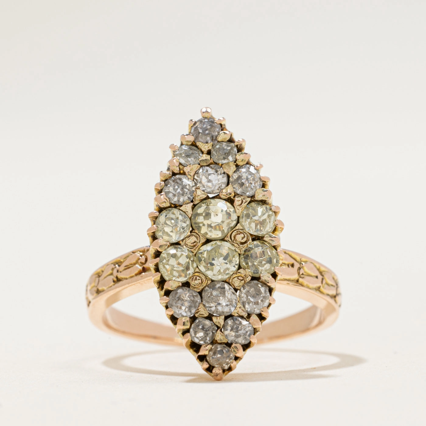 Antique Yellow & White Old-cut Diamond Navette Ring | 0.94ctw | SZ 6 Beauty Touch Festival Outfit