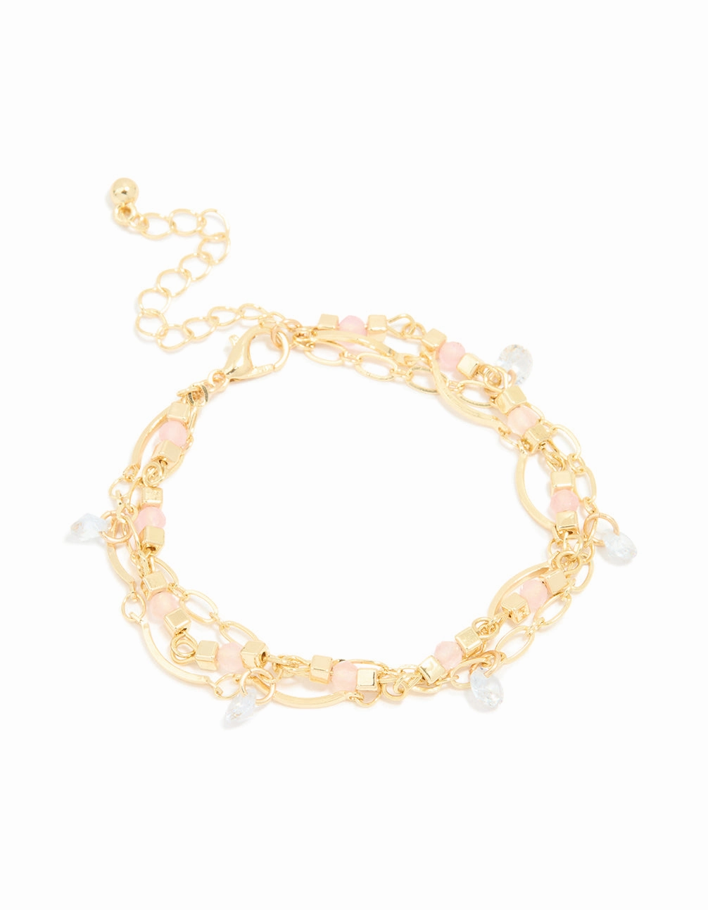 Sleek Glow Subtle Spark Gold Plated Rose Quartz & Pearl Layered Chain Bracelet