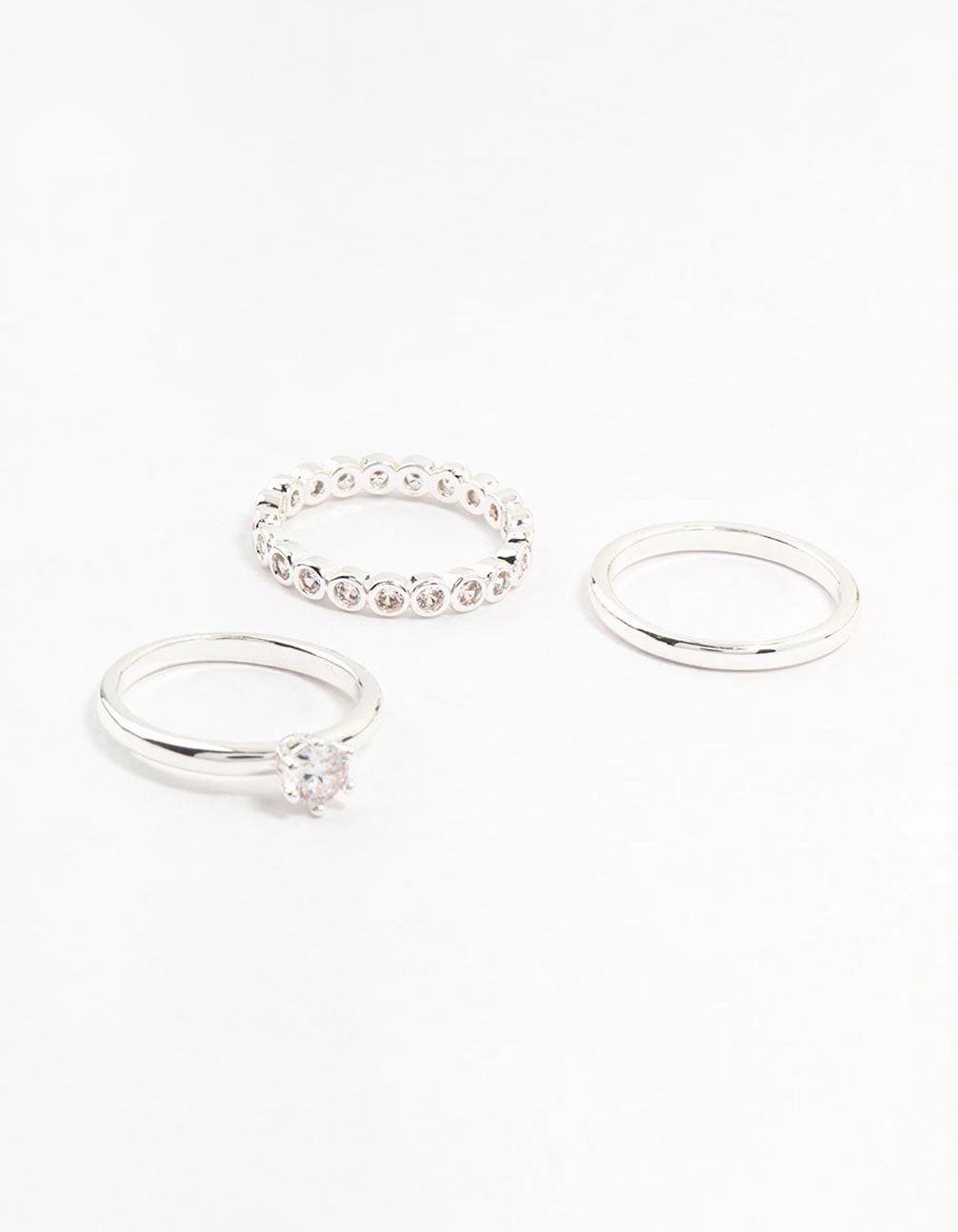 Silver Plated Fine Round Cubic Zirconia Stacking Rings 3-Pack Birthday gift Statement Style