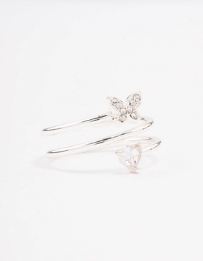 Glossy Finish Chic Finish Silver Plated Heart Butterfly Wrapped Ring