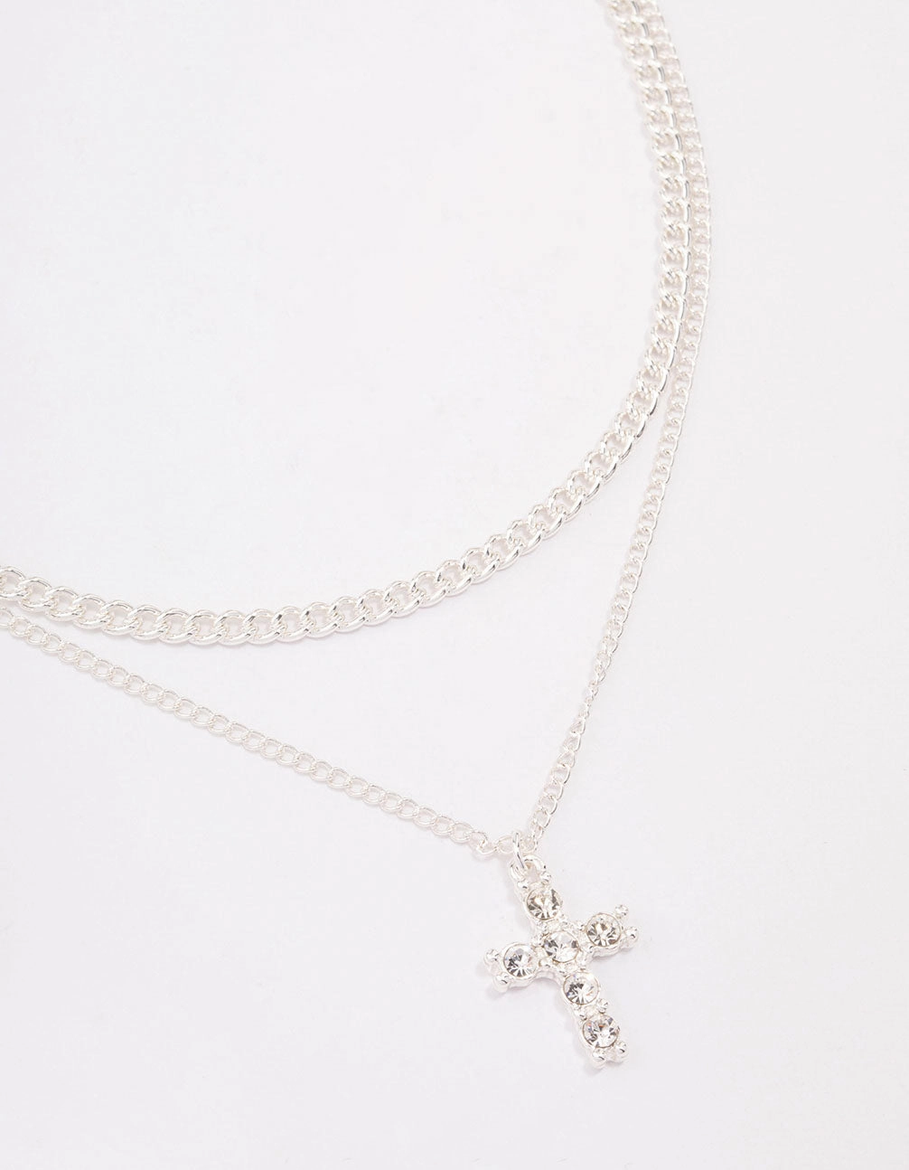 Ornate Edge Silver Plated Diamante Cross Layered Curb Necklace
