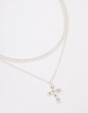 Ornate Edge Silver Plated Diamante Cross Layered Curb Necklace
