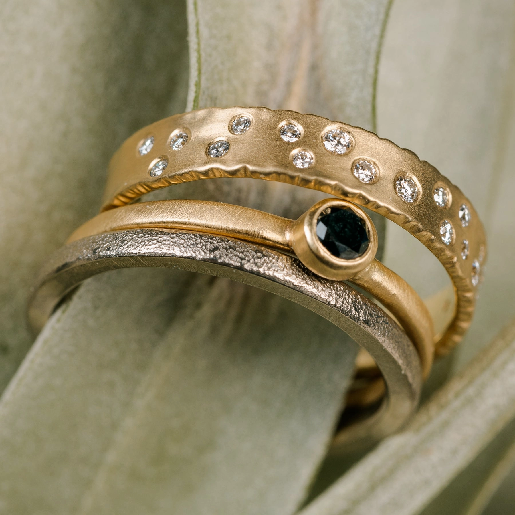 Shine On Birthstone Stackers- 18k Gold, Oxidized Silver   Reclaimed VS Diamonds, Black Diamonds Expressive Accent Luxury Finish Shine