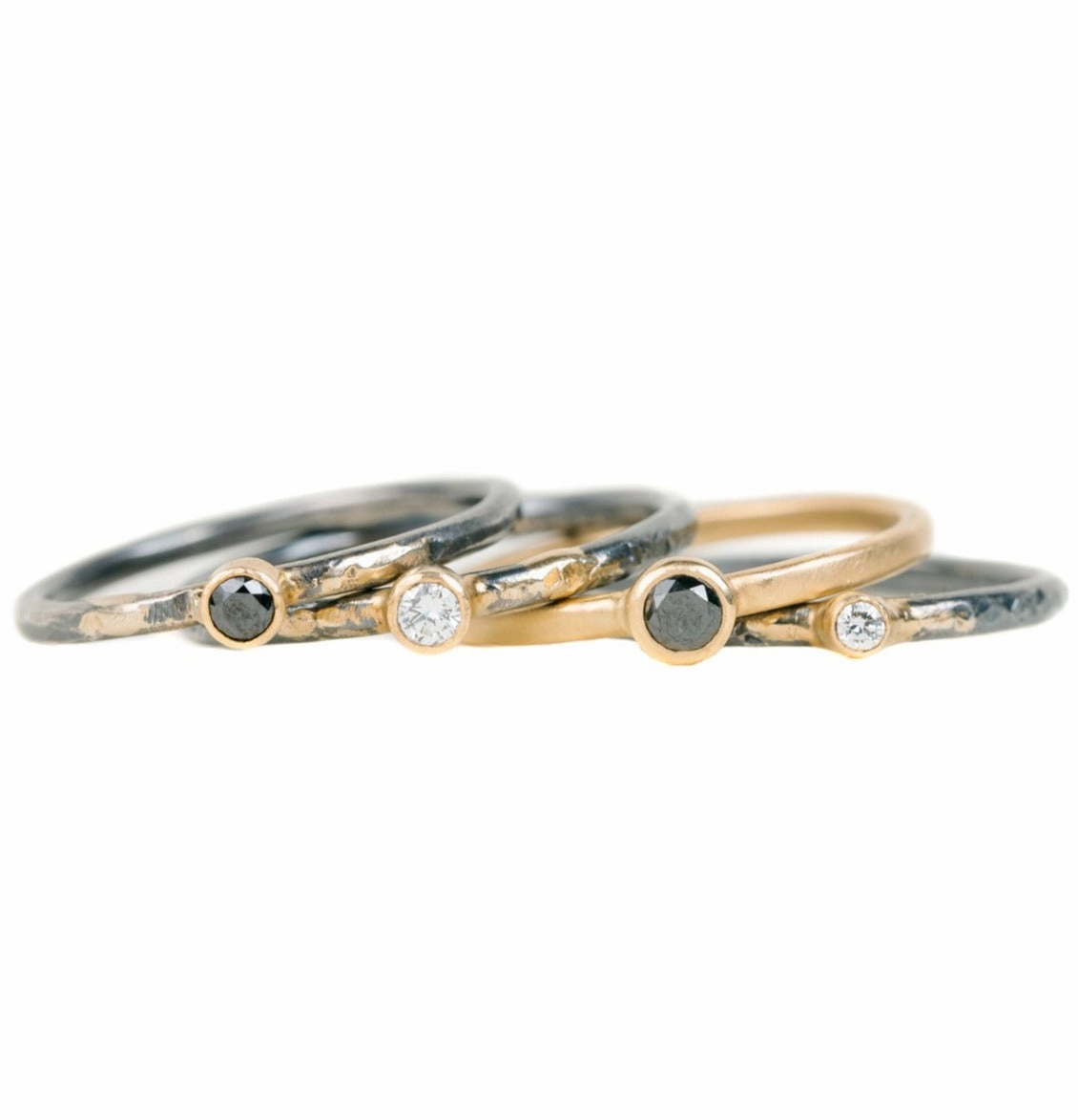 Shine On Birthstone Stackers- 18k Gold, Oxidized Silver   Reclaimed VS Diamonds, Black Diamonds Polished Details