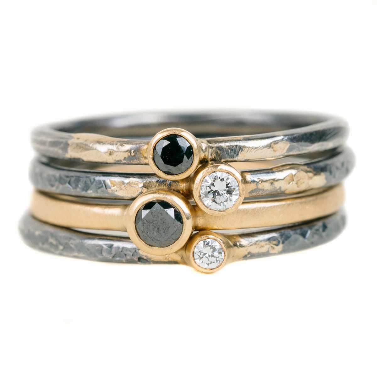 Vintage feel Shine Appeal Shine On Birthstone Stackers- 18k Gold, Oxidized Silver   Reclaimed VS Diamonds, Black Diamonds