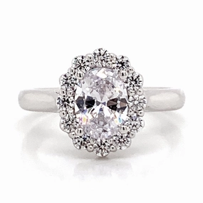 Ornate Symbol Oval Diamond Halo Engagement Ring Setting in White Gold