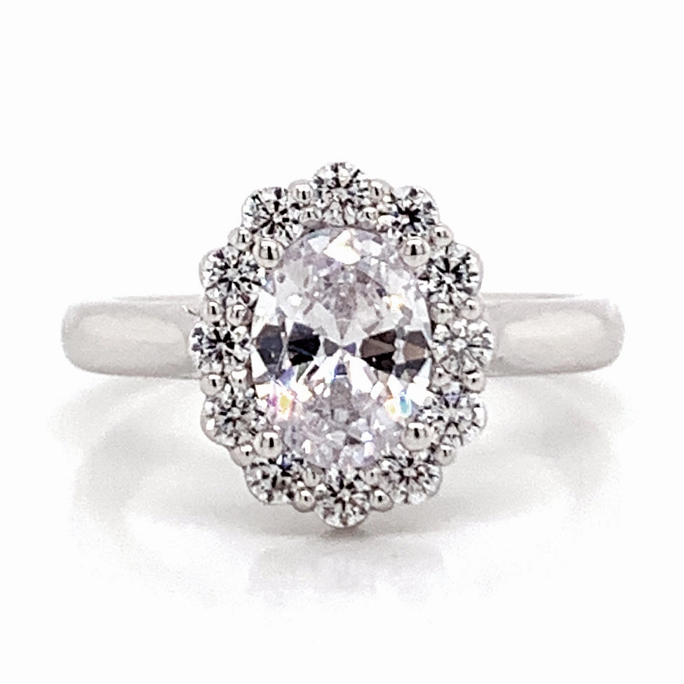 Ornate Symbol Oval Diamond Halo Engagement Ring Setting in White Gold