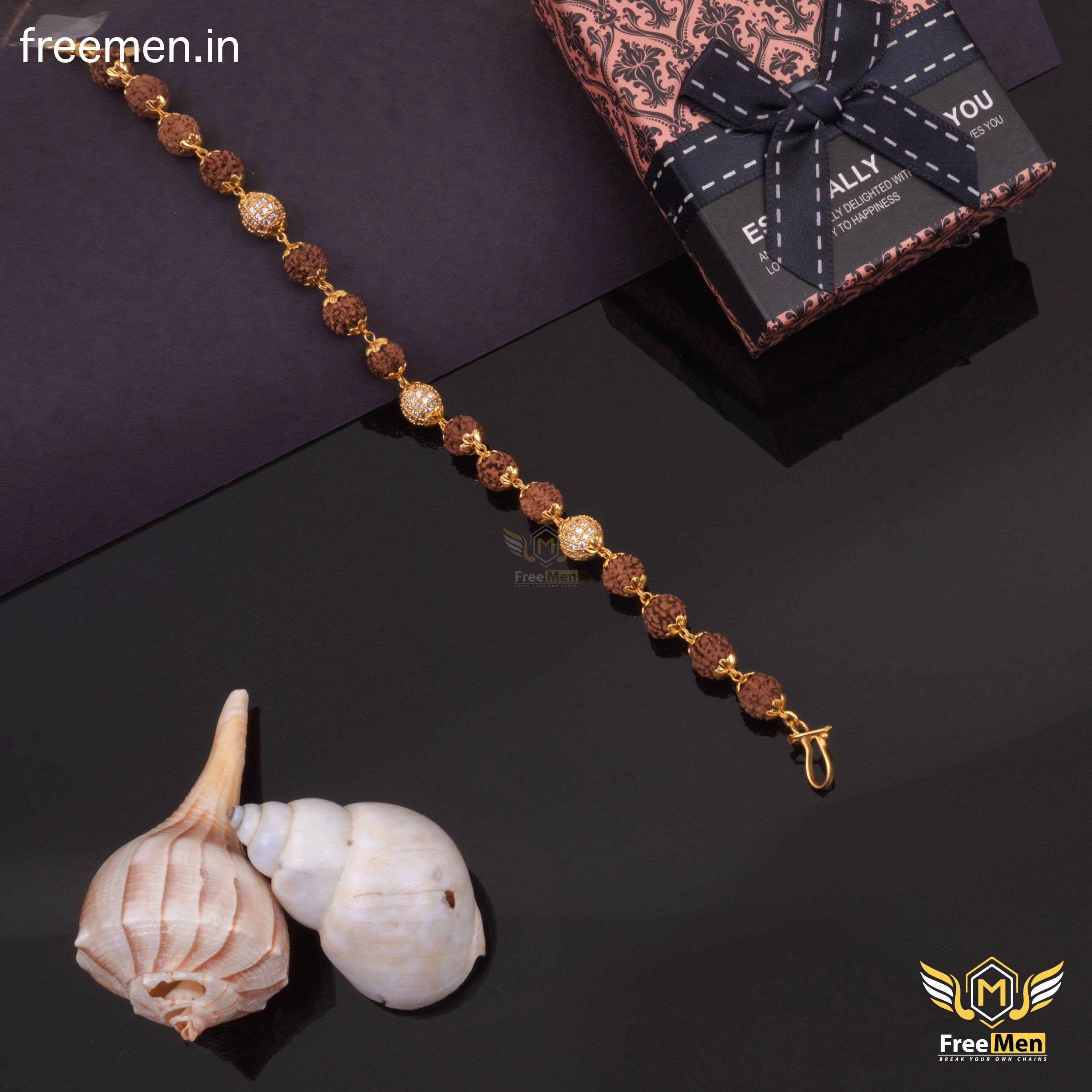 Freemen Brown Gold Plated Rudraksha Bracelet With Diamond - FMG323 Flawless Radiance Glamorous Pieces
