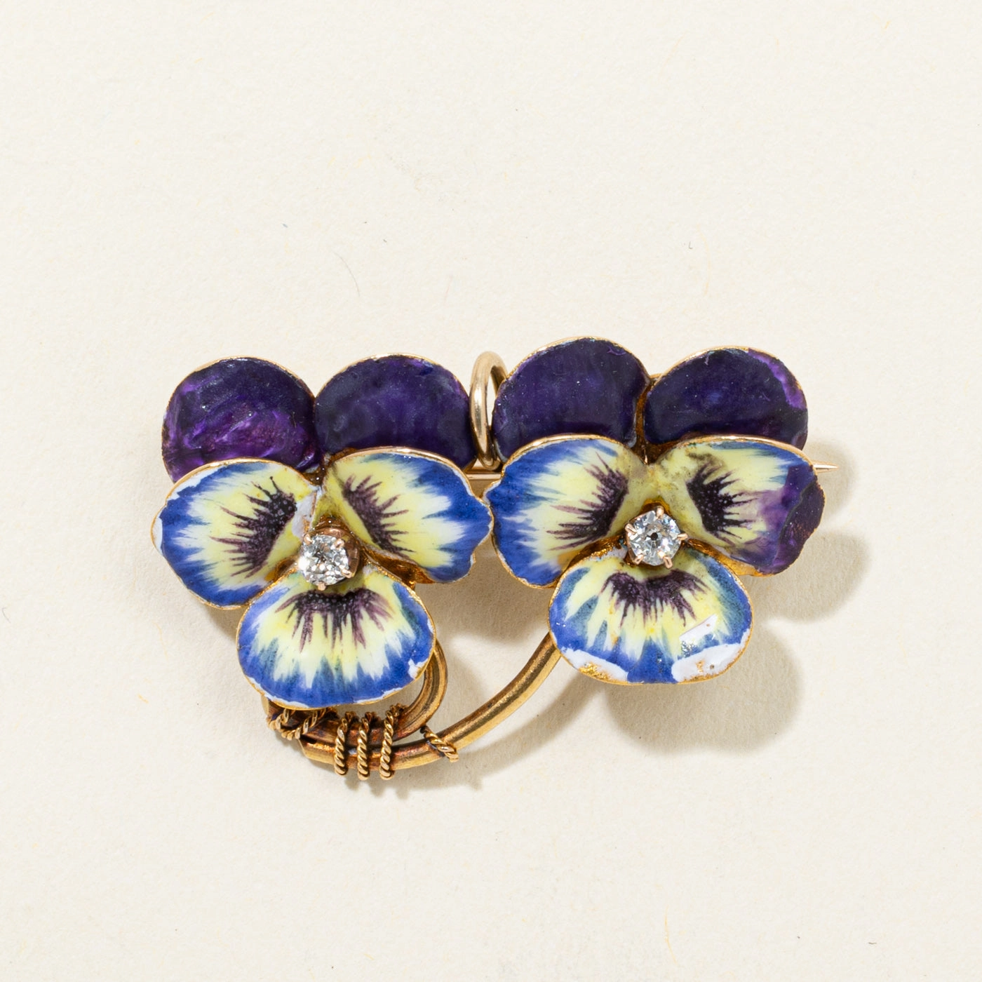 Finest Finish Handcrafted Quality Circa 1900 Diamond & Enamel Pansy Convertible Pendant & Brooch | 0.07ctw