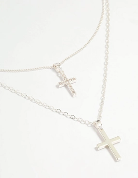 Vogue Accent Signature Style Silver Plated Cubic Zirconia & Plain Cross Layered Necklace