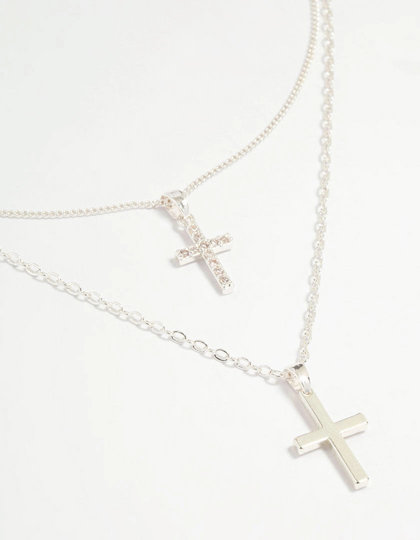 Vogue Accent Signature Style Silver Plated Cubic Zirconia & Plain Cross Layered Necklace