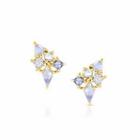 Lively Accent Opulent Craft Dusk Cluster Earrings - 18ky Gold, Iced Blue Spinels, Moonstones   Blue Sapphire