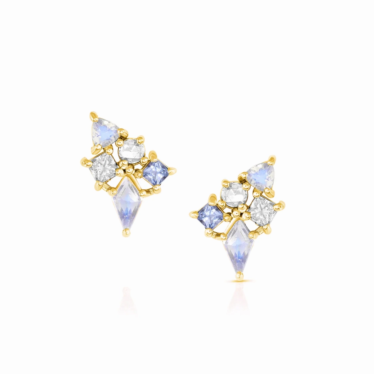 Lively Accent Opulent Craft Dusk Cluster Earrings - 18ky Gold, Iced Blue Spinels, Moonstones   Blue Sapphire