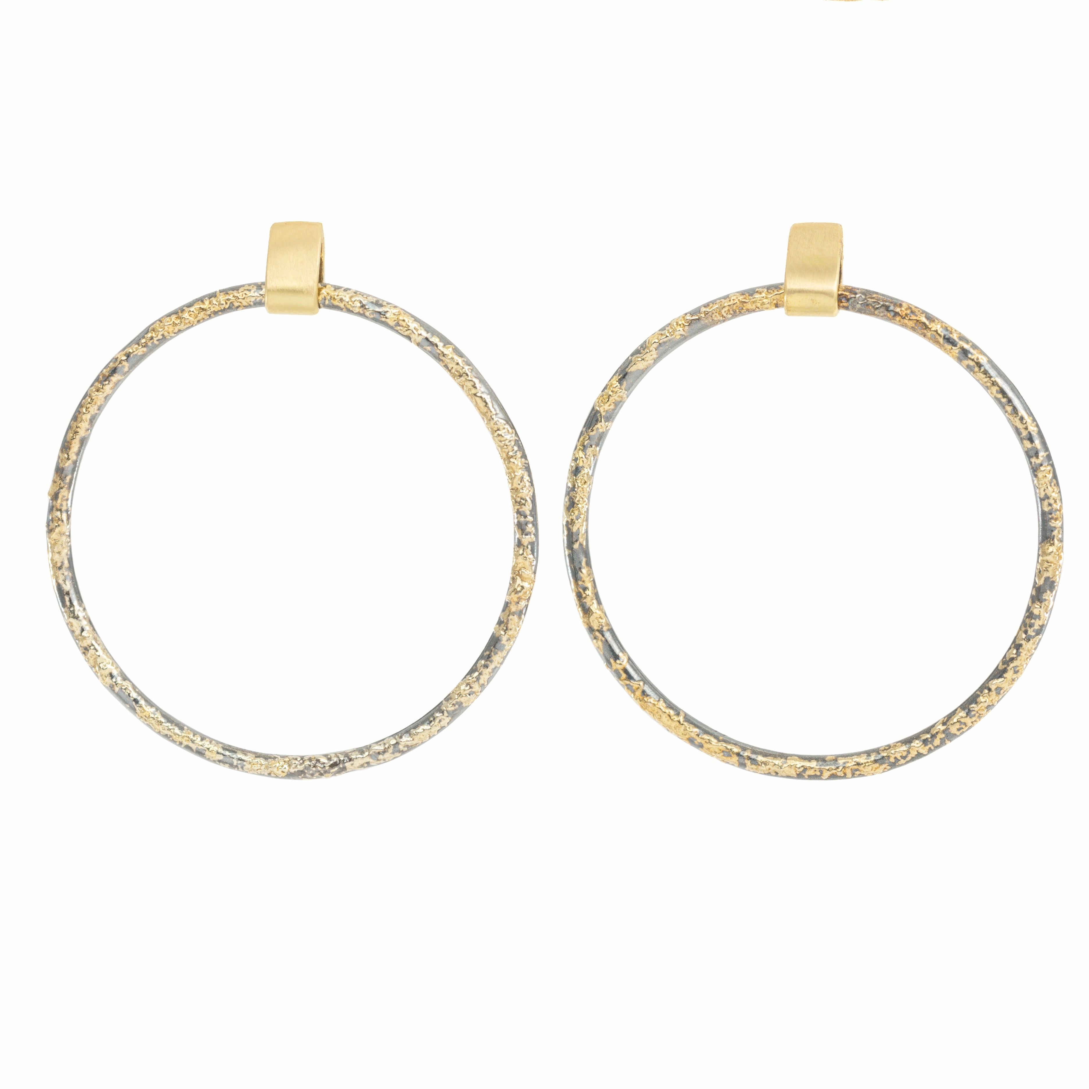 Dusted Orb Front-Facing Hoops - 22k/18k Gold, Oxidized Silver Glistening Look Formal Design