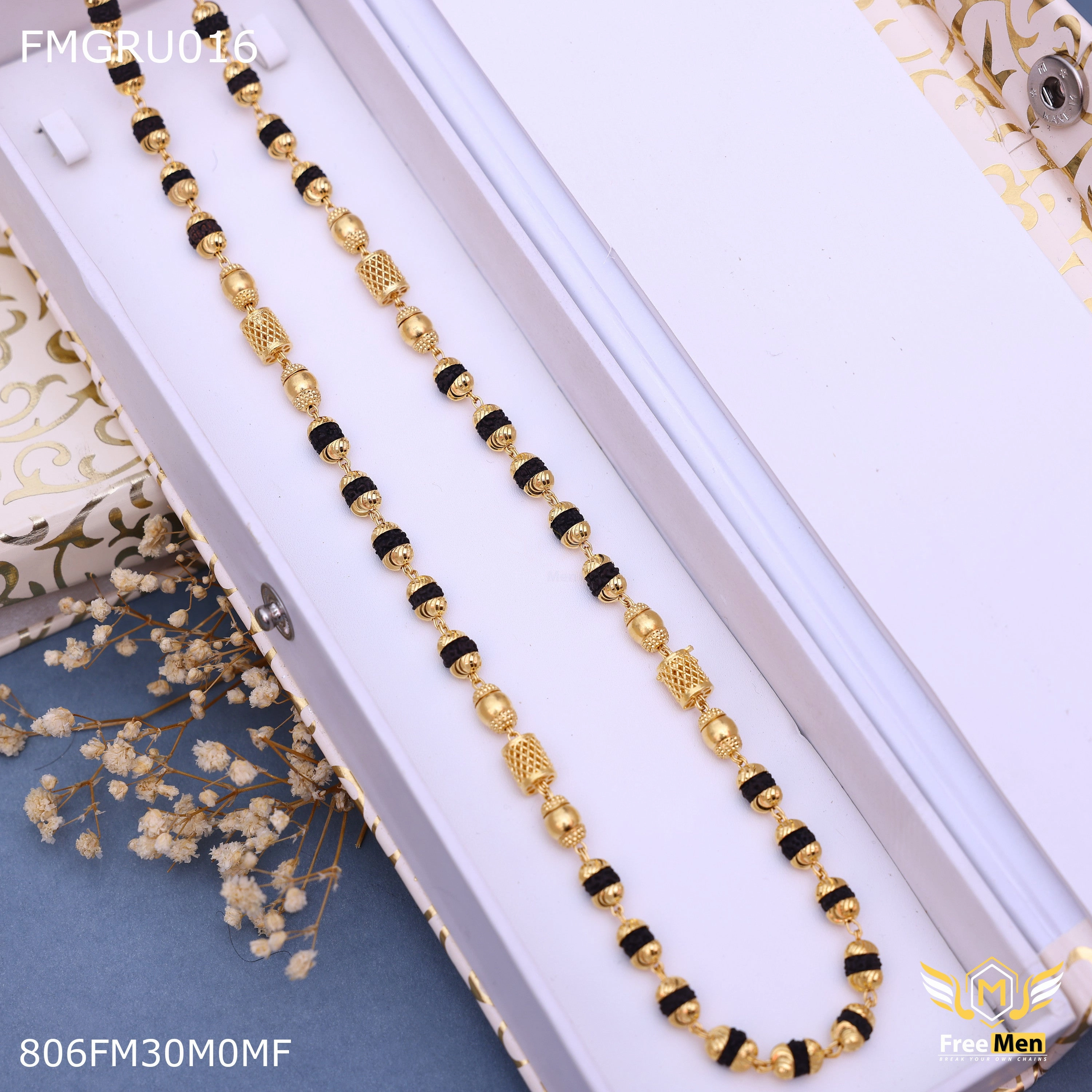 Sculpted Feature Freemen Rudraksha With gold ball and net ball Mala for Man - FMGRU016