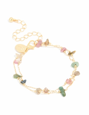 Gold Plated Multicoloured Semi Precious Stone Chip Layered Bracelet Chic piece Vibrant Form