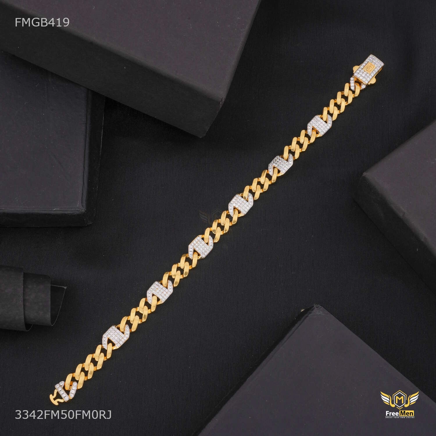 Rinig to Ring with Dimond H cut Gold Plated Bracelet  for Men - FMGB419 Unique Piece