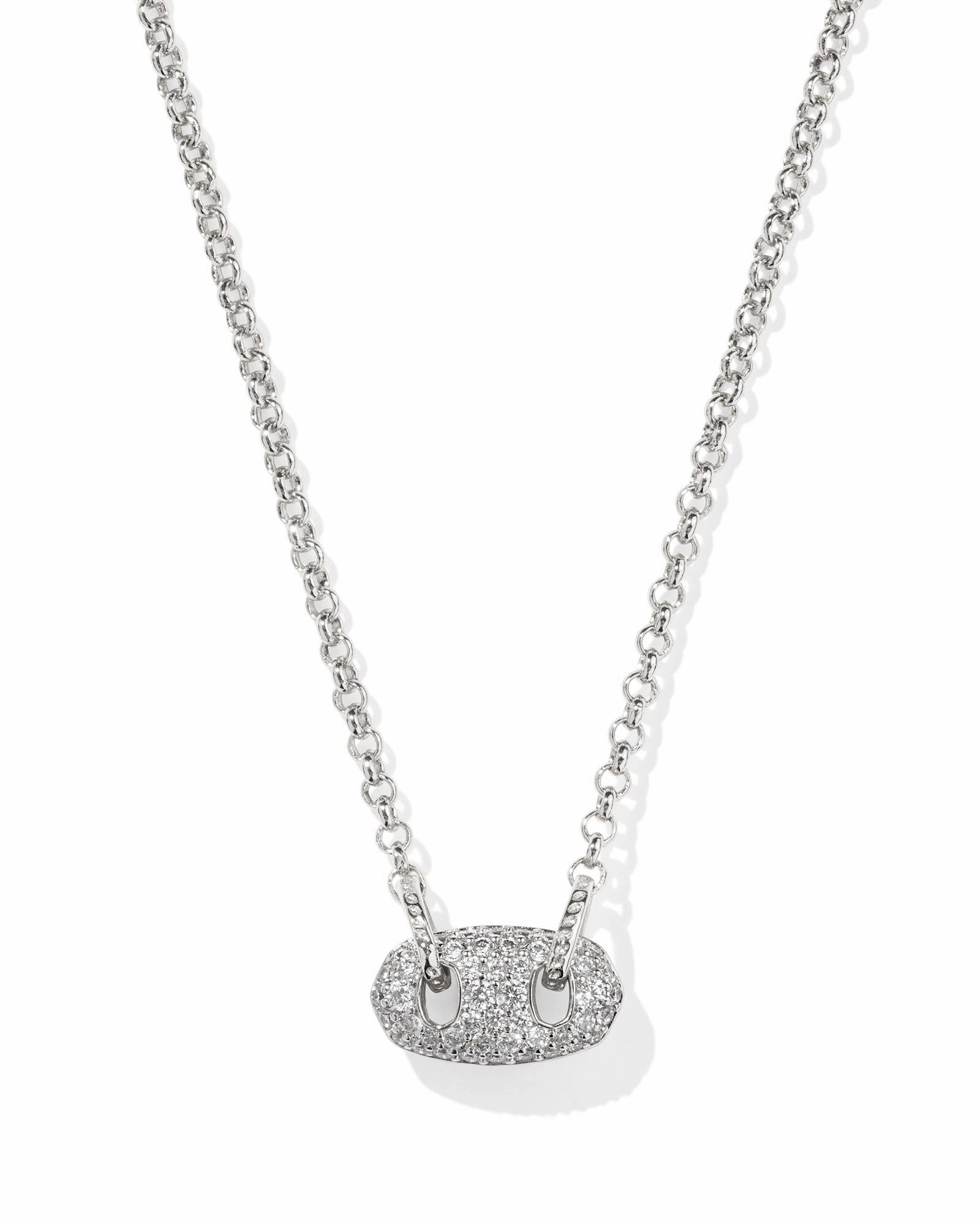 Kendra Scott Bailey Silver Pave Short Pendant Necklace in White Crystal Shimmer Mood Luxe Detail