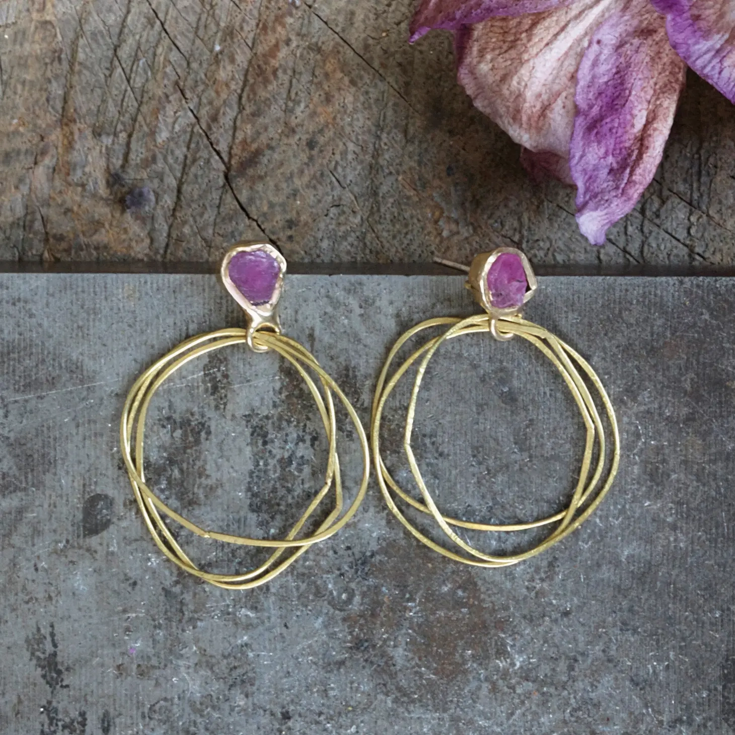 Ruby Guardian Hoops - Brass, Silver   Ruby Glow Mood
