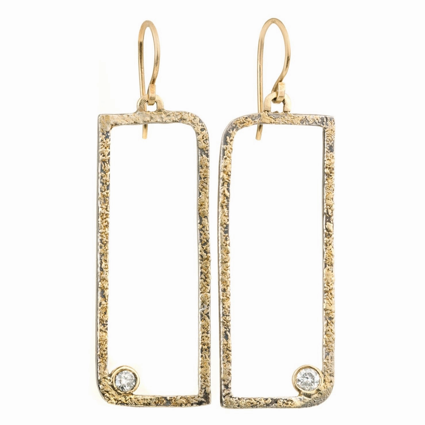Floating Square Hoops with Diamonds - 22k/18k Gold, Oxidized Silver   Reclaimed Diamonds Premium Edge