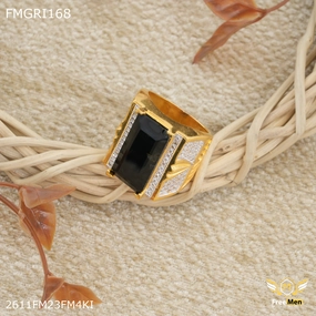 Modern Sparkle Everyday Design Freeme 1gm Long Black Stone with AD Gold plated ring for men - FMGRI168