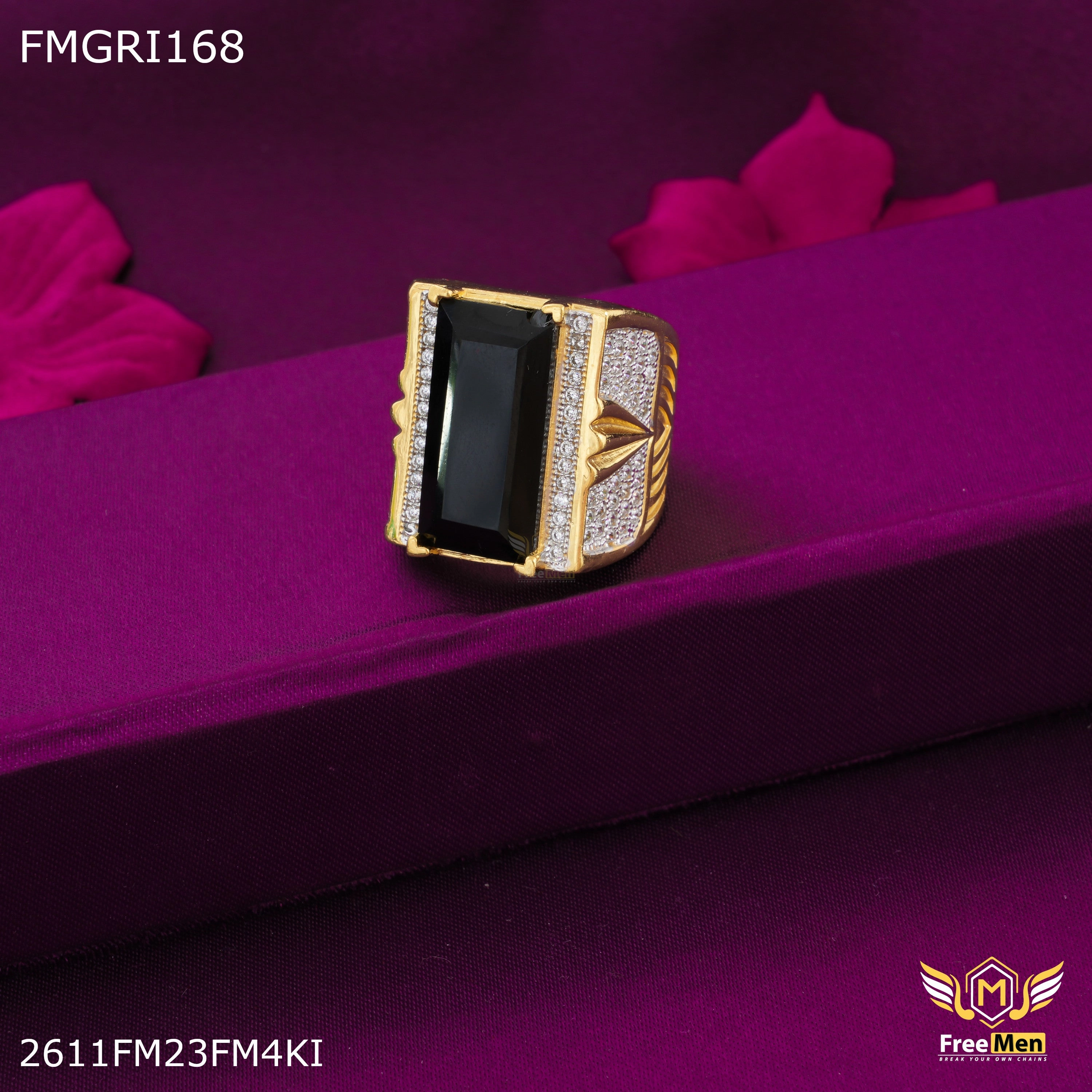 Freeme 1gm Long Black Stone with AD Gold plated ring for men - FMGRI168 Chic Appeal Understated Spark