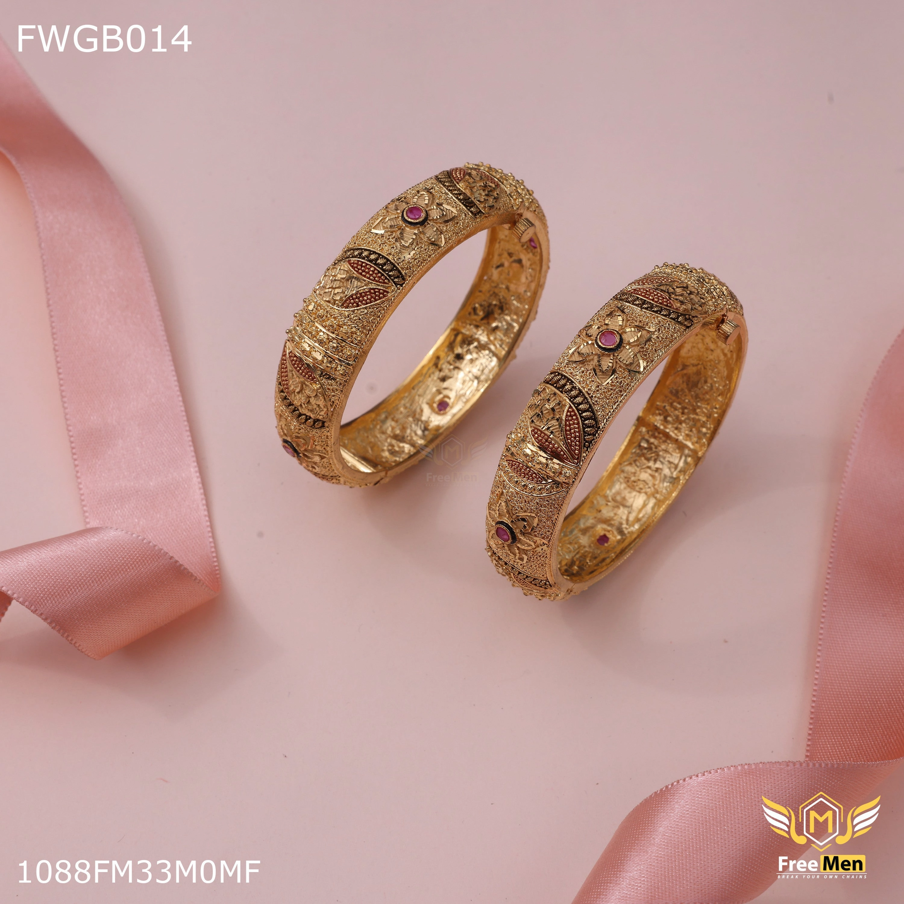 Subtle Spark Freemen 1mg pink stone flower design bangles or women - FWGB014