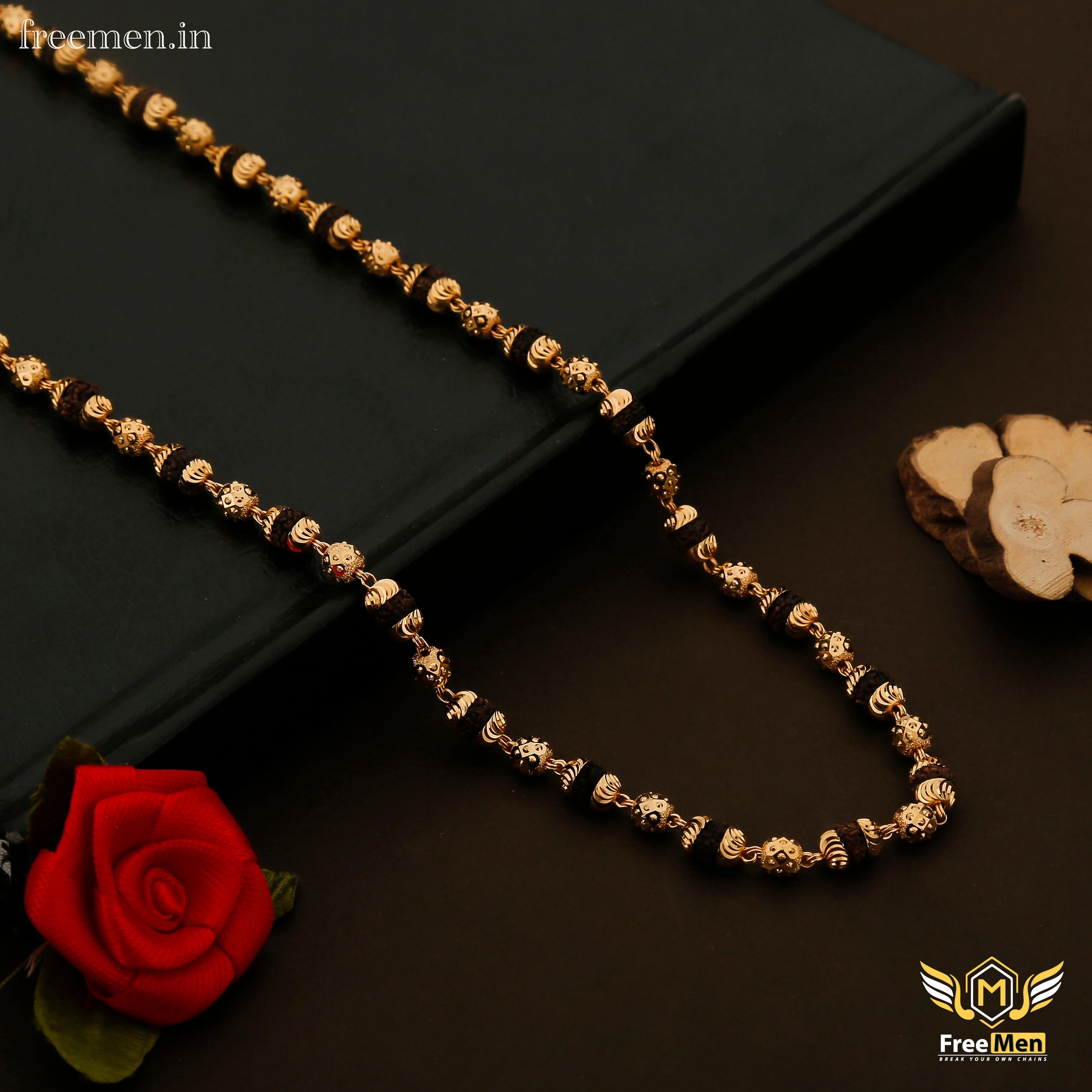 Urban Mood Freemen Black one by one Gold Plated Rudraksha Mala - FM063