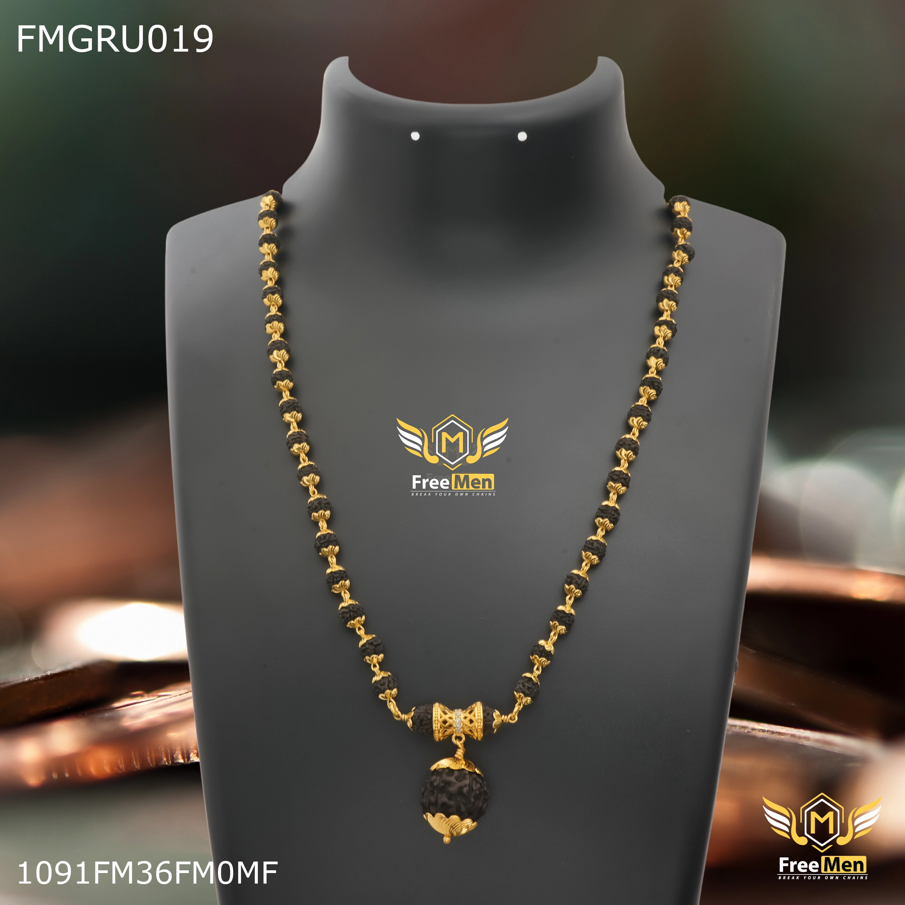 Freemen Black Rudraksha with big rudra pendent Mala for Man - FMGRU019 Outdoor Style Soft Light