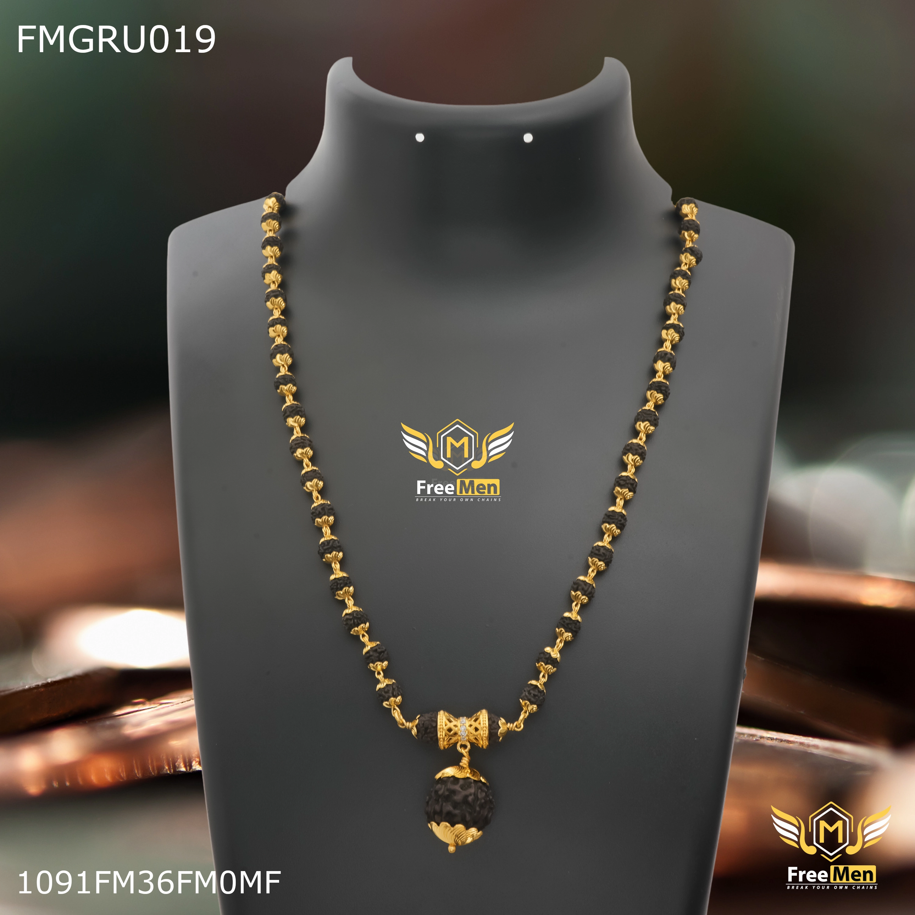 Style Essential Freemen Black Rudraksha with big rudra pendent Mala for Man - FMGRU019